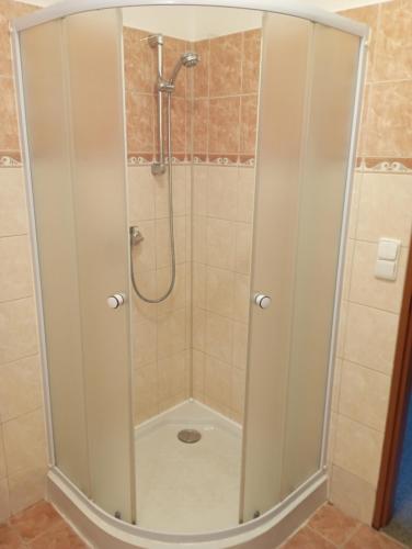a shower with a glass door in a bathroom at Sport - Relax Buky in Františkovy Lázně