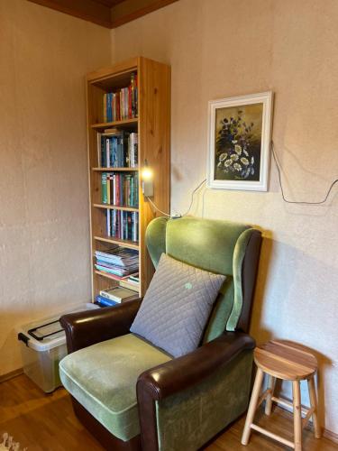 a living room with a chair and a book shelf at Naturparadies Nähe Grüner See 