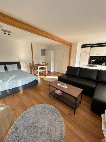 a living room with a bed and a couch at Chalet du Moléson in Gruyères