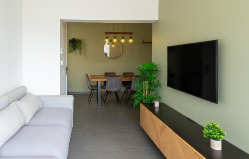 a living room with a white couch and a flat screen tv at Le Coin Vert in Hettange-Grande