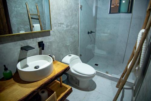 y baño con lavabo, aseo y ducha. en Prajna Valle de Guadalupe en Valle de Guadalupe