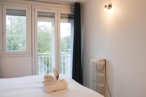 une chambre avec un lit avec une fenêtre et deux serviettes dans l'établissement Magnifique Appartement proche Paris, à Saint-Maurice