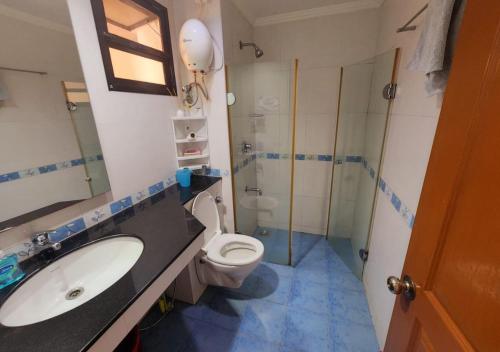 ein Bad mit einem WC, einem Waschbecken und einer Dusche in der Unterkunft Riviera Hermitage Goa in Arpora