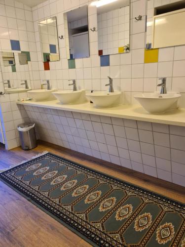a bathroom with a row of sinks and a rug at HOSTEL and VANDRARHEM LUPIN Naturcamping Lagom in Gräsmark