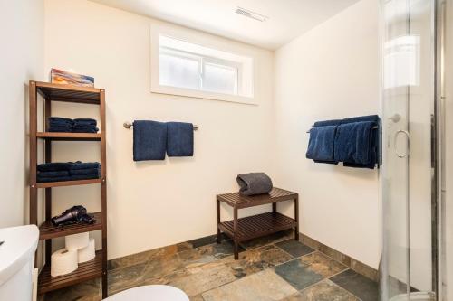 a bathroom with a shower and a toilet at Cougar Street Mountain Rental in Banff