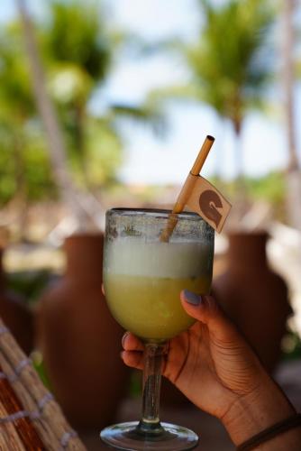 a hand holding a drink with a stick in it at La Ferme De Georges in Atins