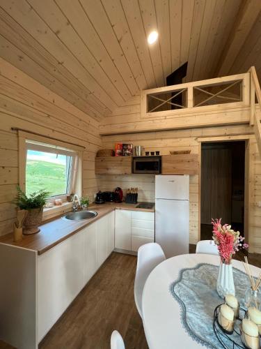 a kitchen and dining room with a table in a cabin at Milkės Karibai - poilsio namelis su sauna ir kubilu in Statiškė
