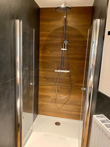 a bathroom with a shower with a wooden wall at Zur Rotbuche in Zeltingen-Rachtig