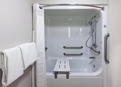 a bathroom with a shower and a bath tub at Holiday Inn Express Hotel and Suites Jenks, an IHG Hotel in Jenks
