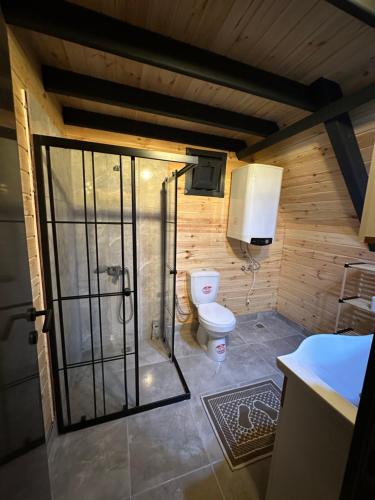 a bathroom with a shower and a toilet in a room at Hanifta Bungalows in Trabzon