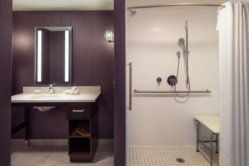 uma casa de banho com um lavatório e um chuveiro em Homewood Suites by Hilton Needham Boston em Needham