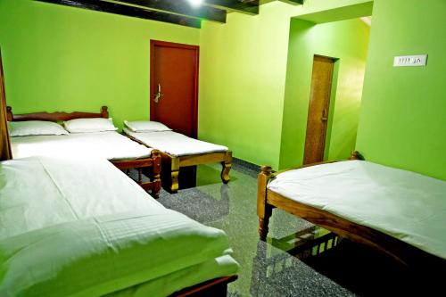 a room with green walls and three beds in it at Badamane Jungle Stay - Jeep Ride & Mountain View in Chikmagalūr
