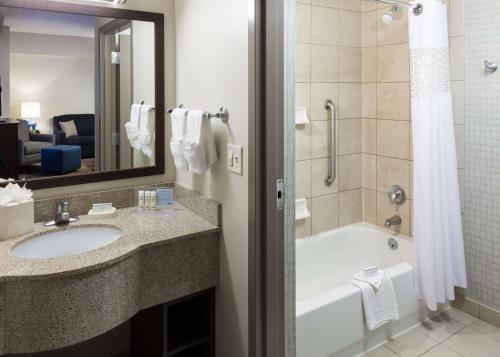 y baño con bañera, lavamanos y ducha. en Hampton Inn & Suites Boise-Downtown, en Boise