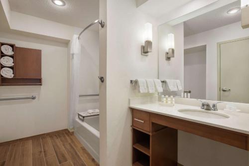 uma casa de banho com um lavatório e um espelho em Homewood Suites by Hilton Kansas City Airport em Kansas City