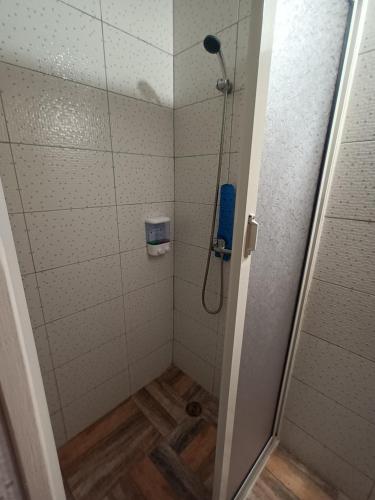 a shower with a glass door in a bathroom at HOTEL CASAGRANDE con estacionamiento EXCLUSIVO in Valdivia