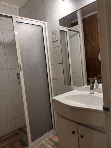 a bathroom with a shower and a sink and a mirror at HOTEL CASAGRANDE con estacionamiento EXCLUSIVO in Valdivia