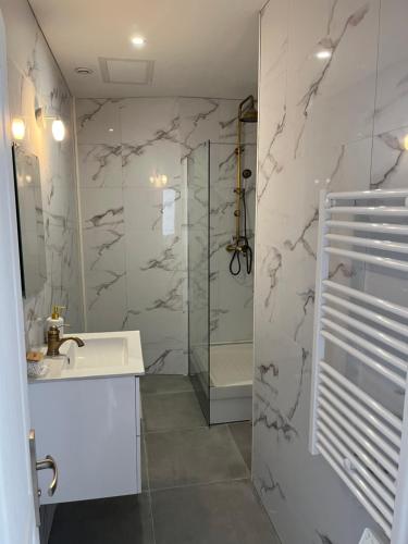 baño blanco con ducha y lavamanos en Chez Tiago, en Nesle