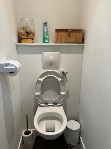 a small bathroom with a toilet with the seat up at Appartement central in Toulouse