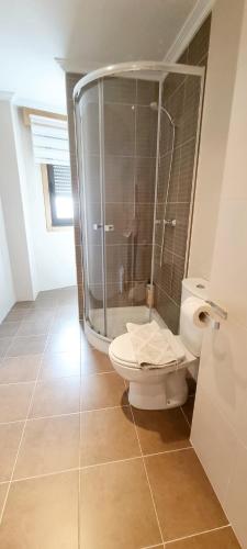 a bathroom with a toilet and a glass shower at Estudio en Villalonga in Pontevedra