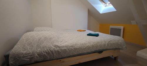a bedroom with a bed with a blue object on it at N°6 Annœullin - Appt 2 Chambres in Annoeullin