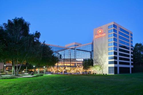 a building with a hilton sign on the side of it at Hilton Stamford Hotel & Executive Meeting Center in Stamford