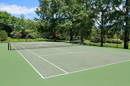 a tennis court with a net and some trees at DoubleTree by Hilton Stamford in Stamford