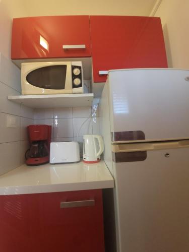 a small kitchen with a refrigerator and a microwave at Turquoise Caritan in Sainte-Anne