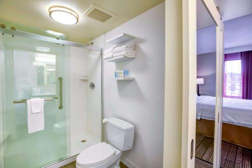 a bathroom with a shower and a toilet and a bed at Hampton Inn Boston-Norwood in Norwood