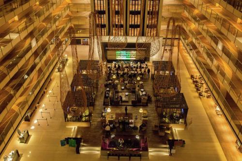 an overhead view of a large building with a lobby at Hilton Buenos Aires in Buenos Aires