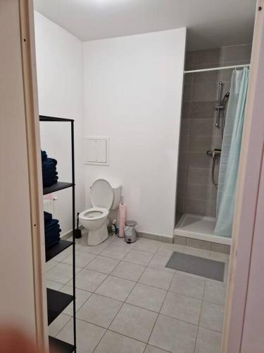 uma casa de banho branca com um WC e um chuveiro em Appartement 20mn Paris Saint Lazare (4 personnes) em Argenteuil