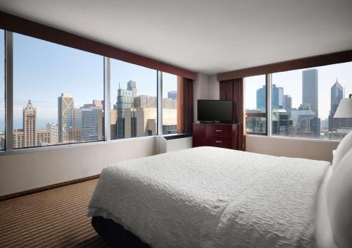 Hampton Inn Chicago Downtown/Magnificent Mile في شيكاغو: غرفة نوم بسرير وإطلالة على المدينة