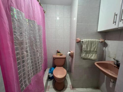 a bathroom with a pink shower curtain and a toilet at Hermoso y acogedor departamento in Atuntaqui