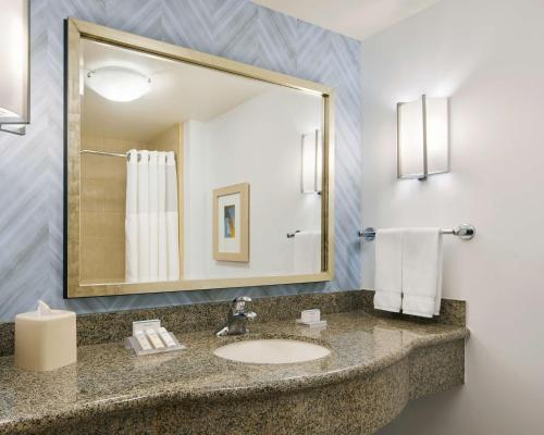 a bathroom with a sink and a mirror at Hilton Garden Inn Dallas Richardson in Richardson