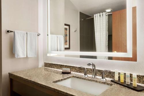 a bathroom with a sink and a large mirror at Embassy Suites Dallas - DFW Airport North in Grapevine