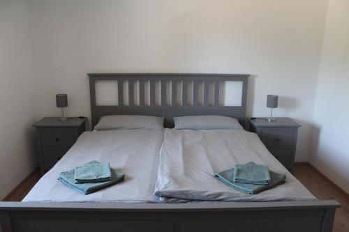 een bed met 2 kussens en 2 nachtkastjes bij Ferienwohnung Feldblick in Struppen