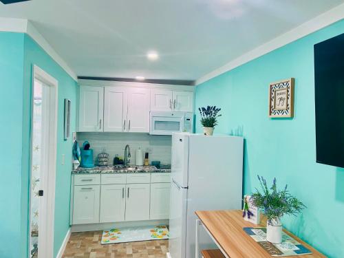 una cucina con armadietti bianchi e frigorifero bianco di Beautiful and comfortable rom apt # 2 a Tampa