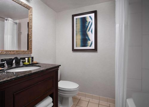 a bathroom with a toilet and a sink and a mirror at Hilton Fort Collins in Fort Collins