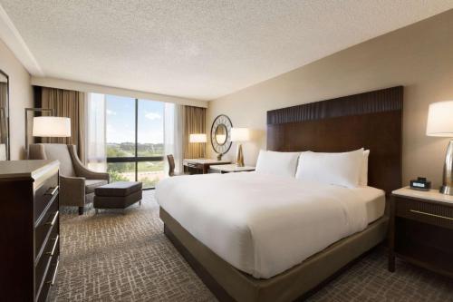 a hotel room with a large bed and a large window at Hilton Fort Collins in Fort Collins