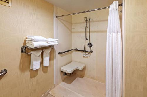 a bathroom with a shower and a toilet and towels at Embassy Suites by Hilton Greensboro Airport in Greensboro
