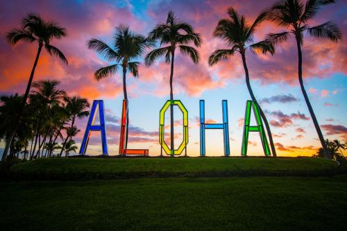 een bord in een park met palmbomen en een zonsondergang bij Hilton Waikoloa Village in Waikoloa