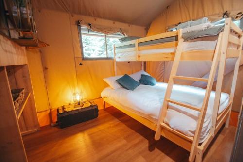 1 dormitorio con 2 literas y chimenea en Cosy Forest Lodge en Penrhôs