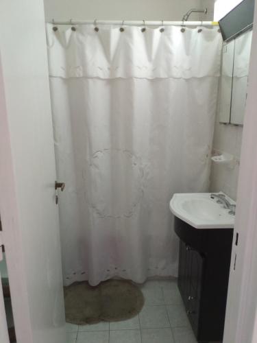 baño con cortina de ducha blanca y lavamanos en JUNIN APPARTEMENT TWO en Buenos Aires