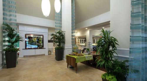 a lobby with potted plants in a building at Hilton Garden Inn Macon/Mercer University in Macon