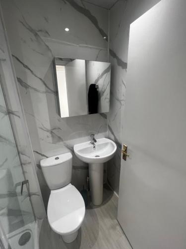 a bathroom with a toilet and a sink and a mirror at AP Apartment in Glasgow