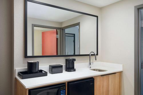 uma casa de banho com um lavatório e um espelho grande em Embassy Suites by Hilton Hampton Convention Center em Hampton
