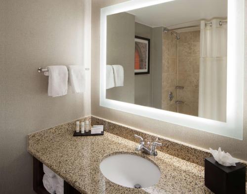 a bathroom with a sink and a large mirror at Embassy Suites by Hilton Philadelphia Airport in Philadelphia