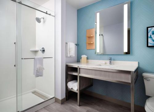W łazience znajduje się umywalka i prysznic. w obiekcie Hilton Garden Inn San Jose/Milpitas w mieście Milpitas