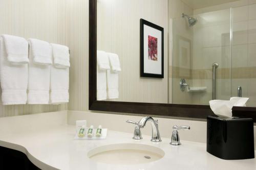 een badkamer met een wastafel, een spiegel en handdoeken bij Hilton Garden Inn Auburn in Auburn