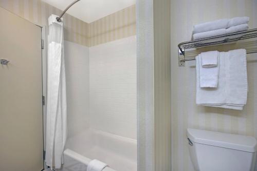 y baño con ducha, aseo y toallas. en Fairfield Inn and Suites Carlsbad, en Carlsbad