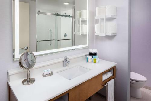 a bathroom with a sink and a mirror and a toilet at Hampton Inn & Suites by Hilton Miami Downtown/Brickell in Miami